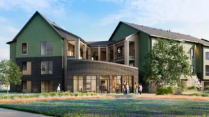 Modern green apartment building exterior