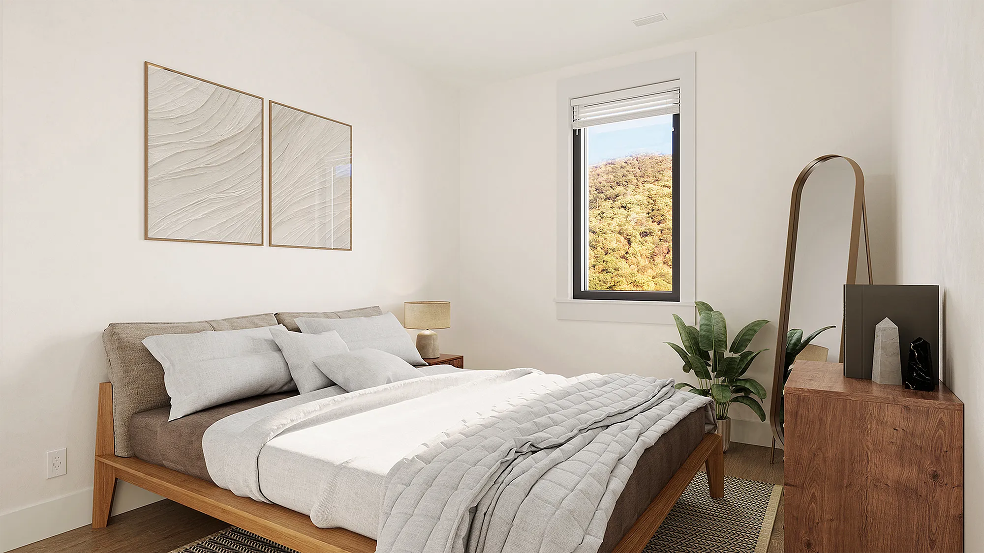 Modern, minimalist bedroom with natural light