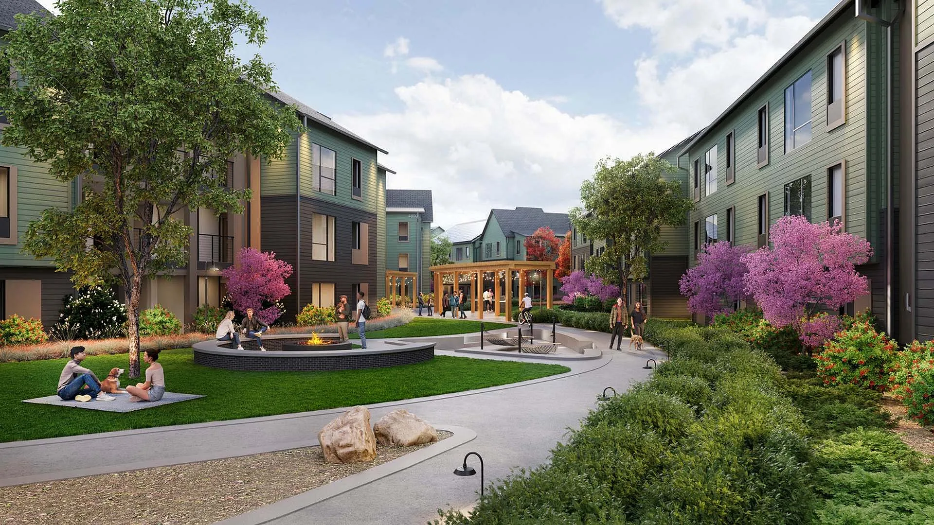 Modern courtyard with greenery and seating